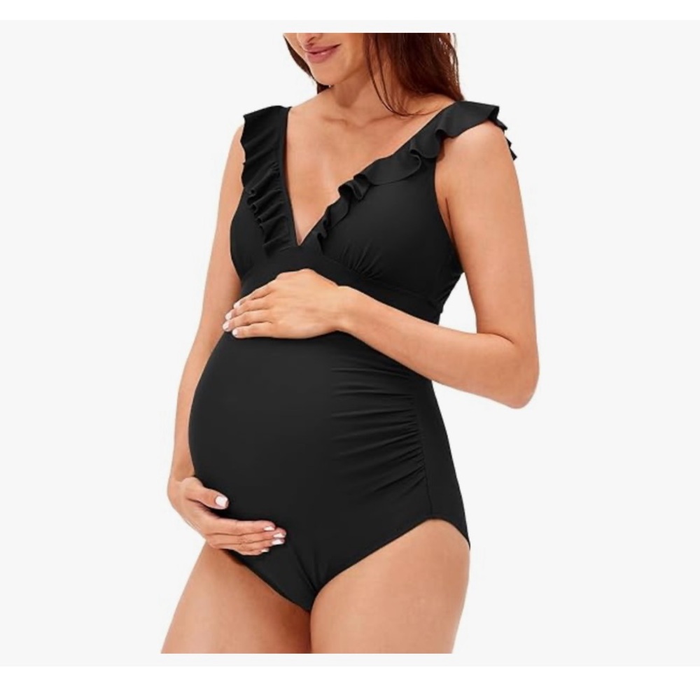 Black Maternity Swimsuit with Ruffle Detail